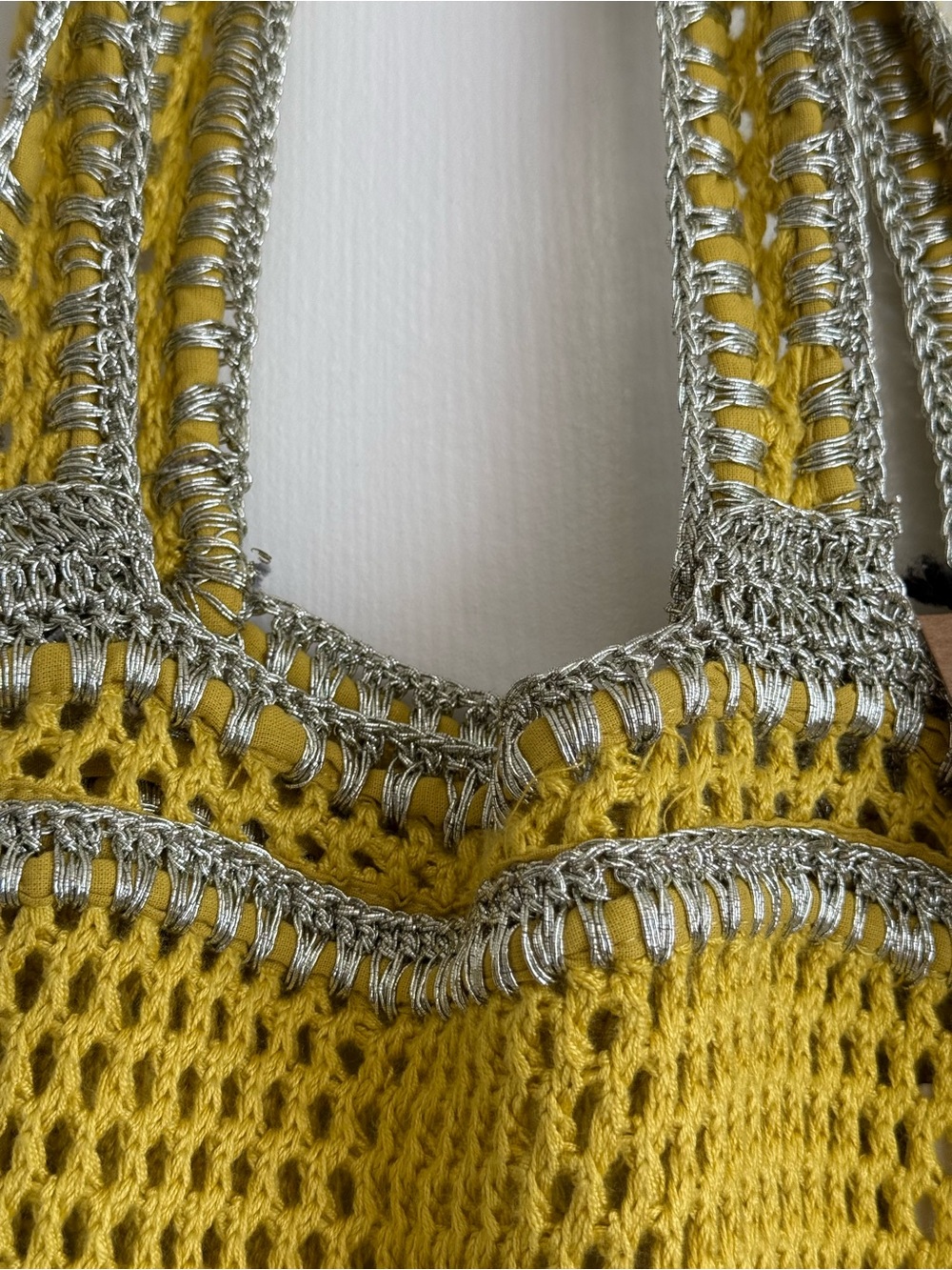 Yellow Crochet Tote Bag with Silver-Tone Trim - Picture 5 of 7